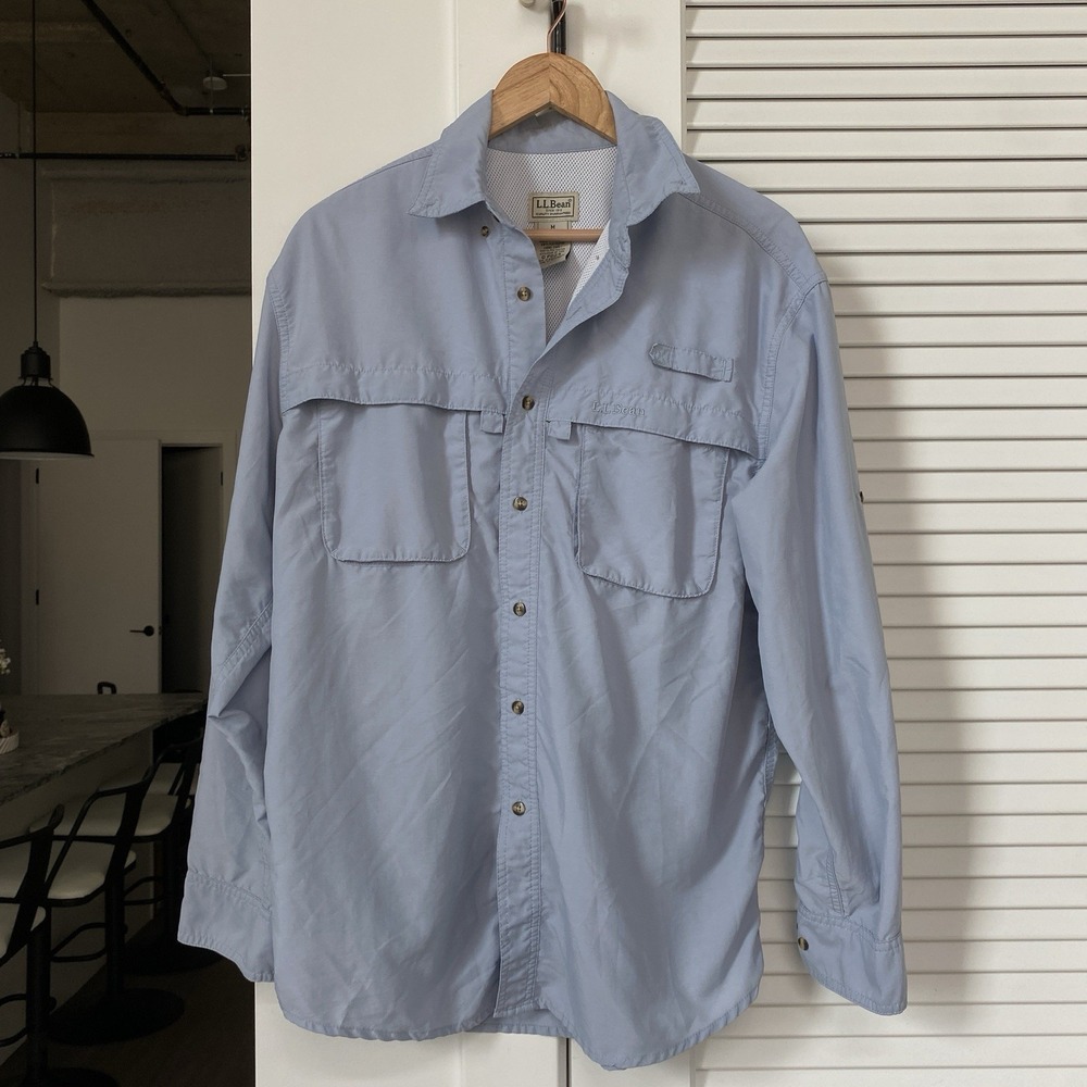 L.L Bean Vented Fishing Utility Shirt Mens Regular Medium Outdoor Mesh Blue Grey